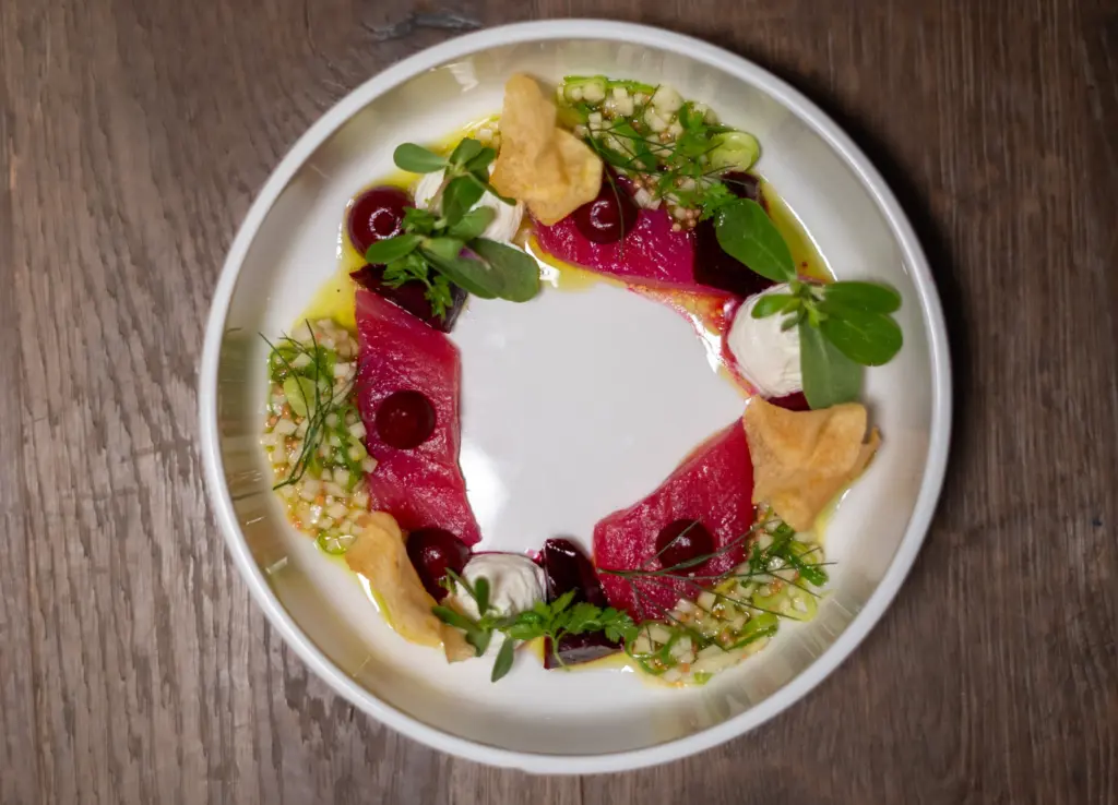 weißer, runder, tiefer Teller mit in Rote Bete gebeizten Forellenfilets, Frischkäse und Apfel Relish
