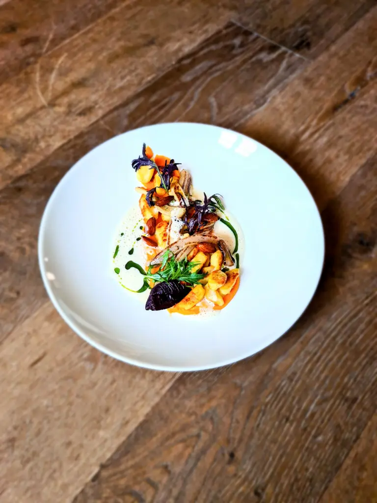 gebratene Gnocchi an Sommergemüse und Wildkraeutersalat in einem tiefen, weißen Teller